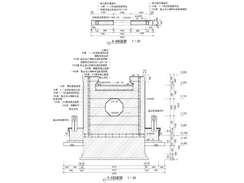  景墙盆景立面剖面cad大样图 