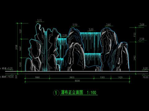  中式假山叠石跌水CAD节点大样 