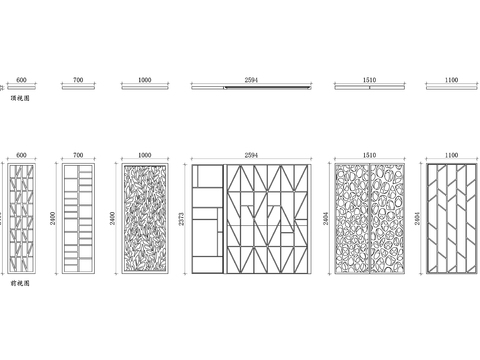  木质玄关装饰屏风平立面cad大样图 