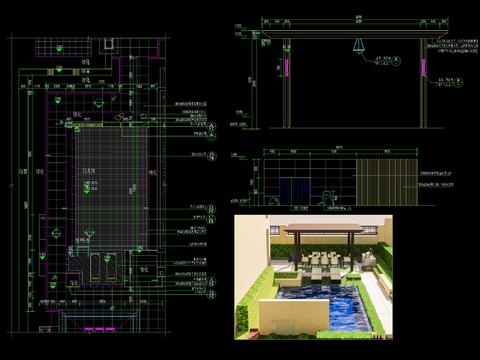 新中式小院廊架水景墙 浅水池节点大样 