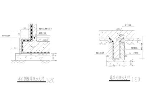  承台侧壁处防水大样 地梁处防水节点大样 