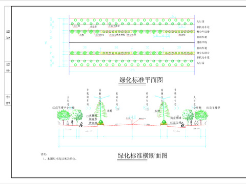  道路綠化標(biāo)準(zhǔn)平面及橫斷面CAD施工圖 