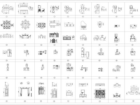  带尺寸轻奢餐桌 沙发座椅 柜子cad图库 