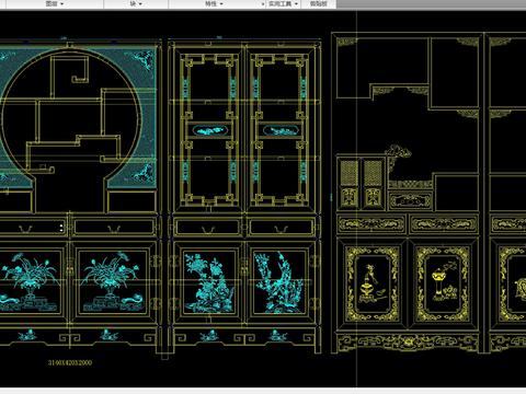  中式雕花高柜博古架立面剖面cad图库 