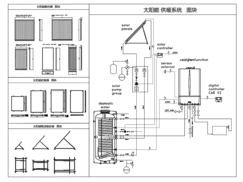  太阳能供暖系统 收集器 电池板安装 集热器cad大样图 