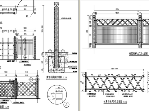  竹篱笆围栏CAD节点大样 