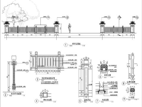  泳池区木栏杆cad大样图 
