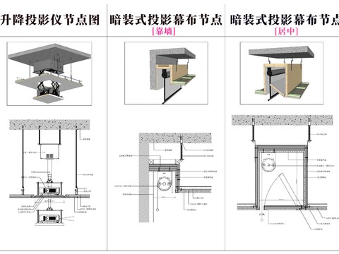  升降投影仪暗装投影幕布cad大样图 