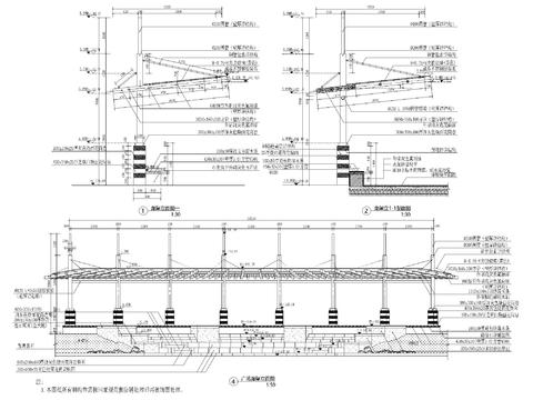  弧形 单侧斜拉廊架及其周边台阶种植池节点大样图 