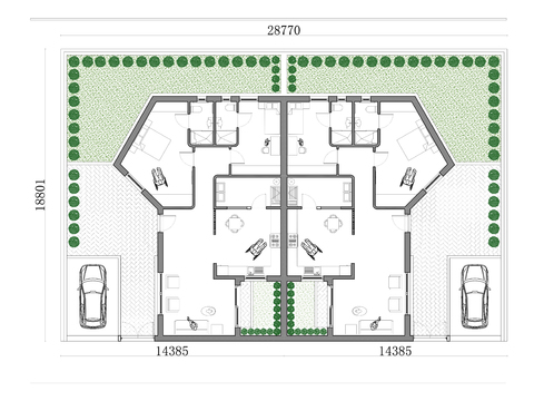  541m²双户半独立式洋房单层cad平面图 