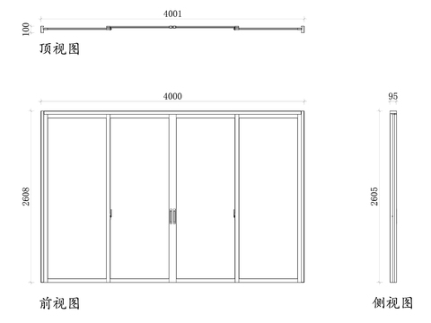  铝框四门玻璃推拉门cad三视图 