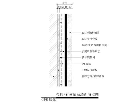  钢架墙体瓷砖湿贴节点大样图 