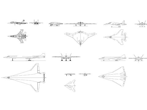  军用战机I坦克I战备吉普高质量三视图图块cad图库 