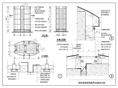  双柱装饰柱构造做法cad节点大样图 