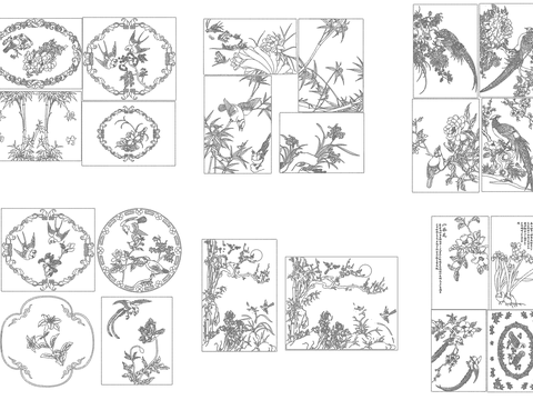  中式鸟兽花卉CAD雕花图库 