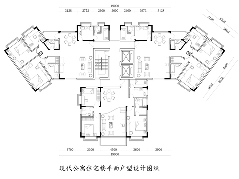  现代公寓住宅楼cad平面图 