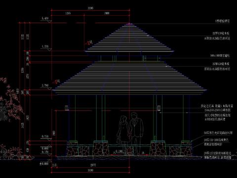  新中式双层六角木屋顶亭CAD施工图 