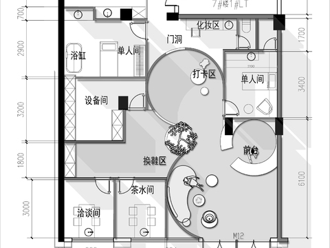  160㎡高端美容SPA工作室cad平面圖 