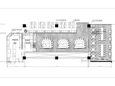  300㎡韩式铁板烧餐厅cad平面图 