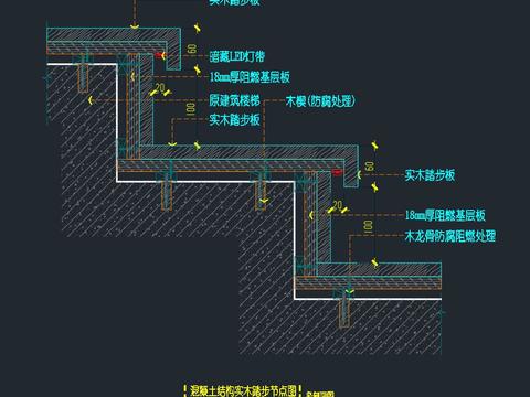  混凝土基層-木地板踏步暗藏燈帶節(jié)點大樣圖 