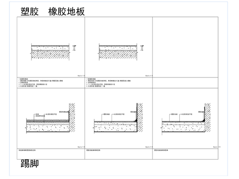  塑胶地板与踢脚线相接铺装cad大样图 