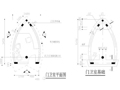  叶片型门卫室结构图cad平面图 
