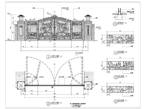  入口铁艺大门景墙cad施工图 