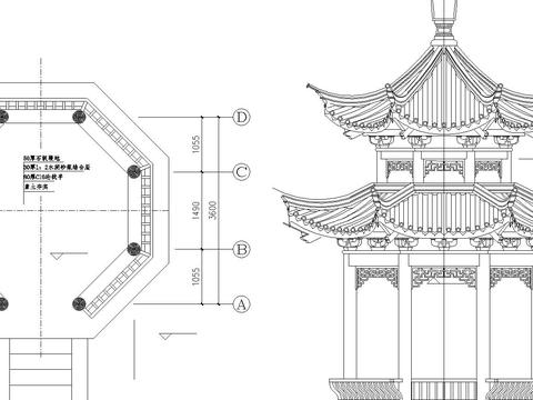  重檐八角亭建筑cad施工圖 