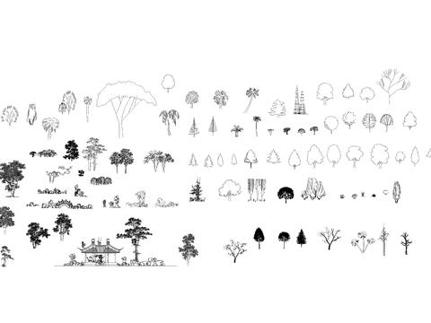  树和石头亭子cad图库 