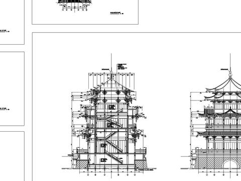  云峰煙水閣cad平立面建筑圖 