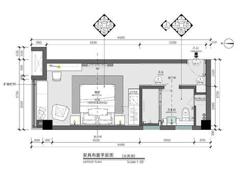  35㎡酒店标准大床房客房CAD施工图 