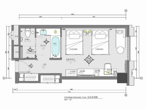  希尔顿酒店标准双床房cad施工图 