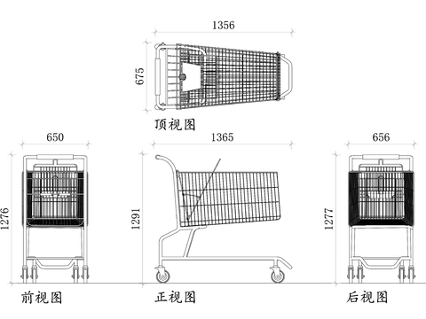  钢质商超购物车四视图cad大样图 