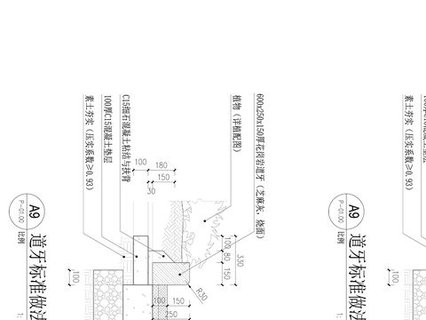  平地樹池道牙排水溝標準做法cad大樣圖 