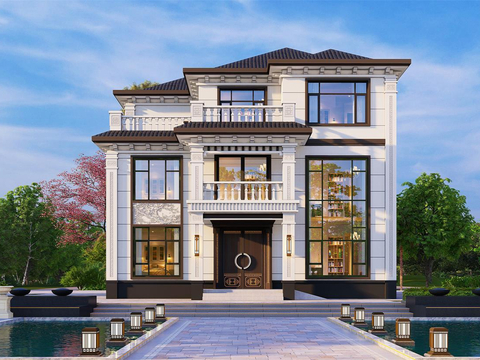  新中式三层独栋别墅建筑cad平面图 