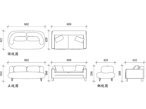  布艺双人沙发cad平面图 