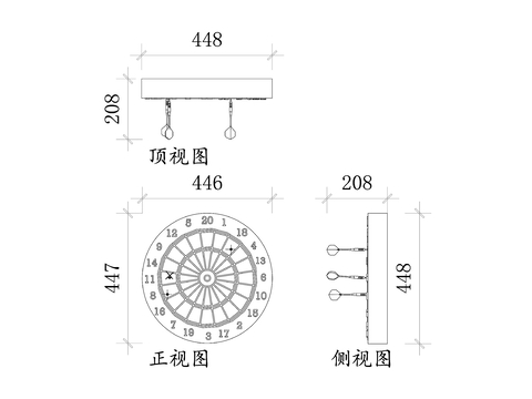  飛鏢盤三視圖cad大樣圖 
