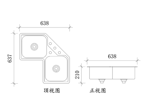  钢质转角厨房水槽平立面图cad大样图 