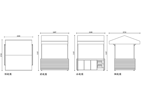  食品市场摊位四视图cad大样图 