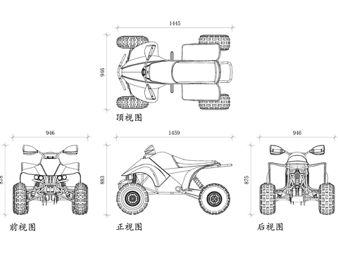  四輪山地摩托車四視圖cad大樣圖 