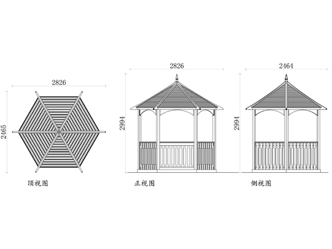  公園木質(zhì)六角涼亭cad立面圖 
