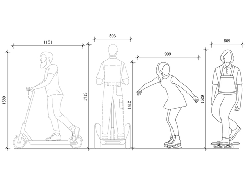  人物滑板姿势CAD平面图 