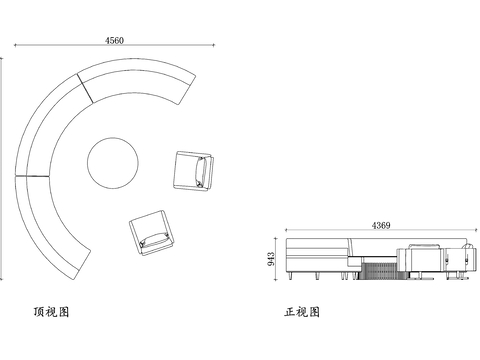  半圆形沙发cad顶视图 