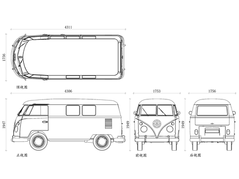  大众露营车四视图 