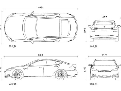  特斯拉轿车cad大样图 