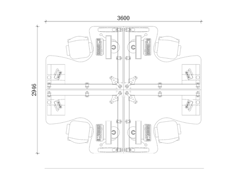  四人共享工位 工作区CAD平面图 