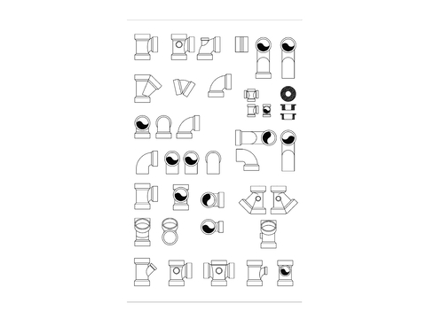  PVC管直通 PVC管弯头 PVC管三通 PVC管四通CAD图块 