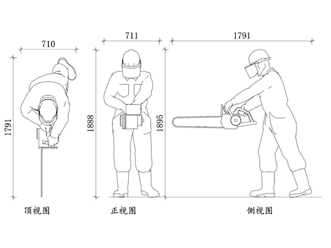  电锯工人平面图 电锯使用图 工人安全图 电锯操作图 工作现场cad大样图 