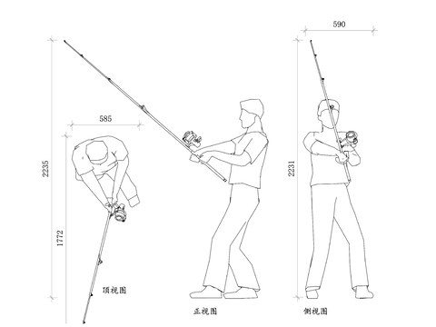  钓鱼人物动作平面图 钓鱼姿势图 钓鱼装备图 钓鱼场景图 钓鱼cad大样图 