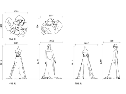 婚纱馆婚纱平面图 婚纱CAD三视图 